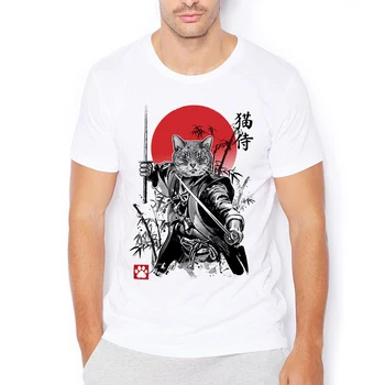 Edo letnik Mačka Mečevalec Mijav Samurai Smešno Anime T Shirt Homme Beli Moški, Priložnostne Tshirt Unisex Ulične Tee No-nalepke, Tisk