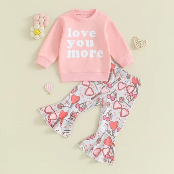 Malčka Baby Dekle Valentinovo Obleko Majhen Otrok Long Sleeve Majica Ljubezen Srce Sežgati Hlače Sklop Sodijo Oblačila