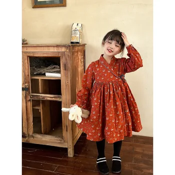 Dekleta Priložnostne Obleke Pomlad Jesen Debele Baby Razdrobljena Cvetje Princesa 2023 Tiskanje Naguban Svoboden Sladko Korejski