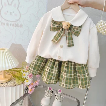 Kolegij Slog Baby Dekleta Kompleti Oblačil 2023 Jeseni Otrok Lok Coats Kariran Krilo Otroci Trenirka Za Malčke Obleke Princess Obleke