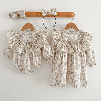 Pomlad Sestre Oblačila Za Dekleta Princesa Obleko Otroci Stranka Obleko Z Dolgimi Rokavi Bombaž Cvjetnim Tiskanje Malčke Baby Bodysuits