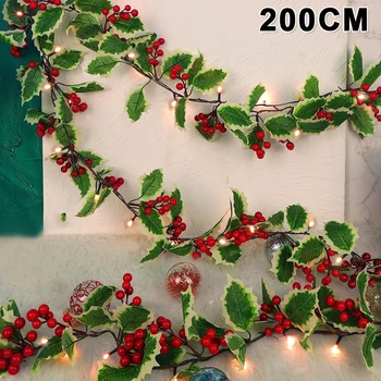 200 CM, Umetni Holly Listi vinske Trte, Rdeče Jagode, Božič Ratana Z Garland Svetlobnih Nizov Za DIY Božič Visi Drevo Ornament