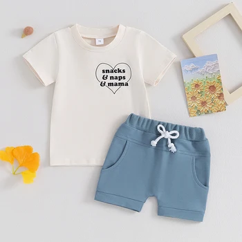 Malčka Baby Boy Oblačila Črke Natisni T-Shirt Kratek Rokav Vrhovi Trdna Kratke Hlače Komplet Dojenček Poletne Obleke Set