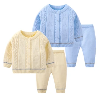 6-24M Baby Pletene Kompleti O-Vratu Long Sleeve Solid Plesti Ssweater Hlače 2Pcs Oblačila Jesensko Zimske Priložnostne Oblačila Sklop
