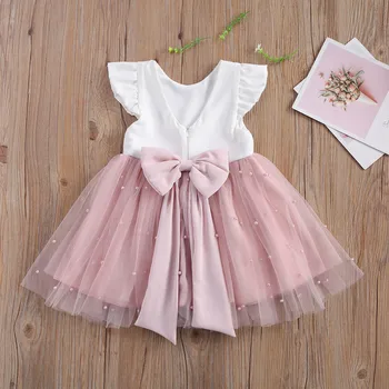 Poletje Princesa Malčke Baby Dekleta Oblačenja Ruffles Sleeve Solid Pearl Til Stranka Čipke Mozaik Nazaj Bowknot Tutu Obleko 0-5 Let