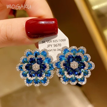 MOGAKU Retro Modra Gradient Uhan za Ženske, Tri-plast Cvet Stud Uhani Poročne svate Cirkon Luksuzni Eleganten Nakit