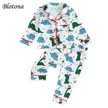 Blotona 2Pcs Baby Božič Pižame z Dolgimi Rokavi Dinozaver Tiskanja Gumb Navzdol Majica + Hlače Nastavite Malčka Oblačila 6Months-5Years