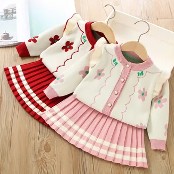 2023 Jeseni Otroci Oblačila Baby Dekleta 2 Kosa Določa Pulover Krilo O-vratu Bombaž korejski Moda Cvetlični Pletenje Naguban Princesa