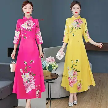 2024 vietnam aodai obleko tradicionalni kitajski izboljšano qipao nacionalni cvet tiskanja cheongsam dress vintage večerno obleko vestido