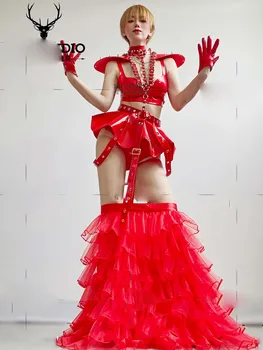 Seksi Retro Rdeče Usnje Obleka, Bar poslovne uspešnosti Nacionalnih Dan gogo stranka obleko dance team kostumi