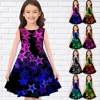 Nove Pisane Zvezde 3D Tiskanja Poletje brez Rokavov Dekle Obleko Priložnostne O-Vratu Dolge Obleke, Moda Dekle Obleke Za Eid Otroci Obleko