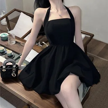 Y2K Črna Mini Obleka Ženske Seksi Povodcem Slim Line Suspender Obleke Poletje korejski brez Rokavov Elegantno Sundress Vestidos