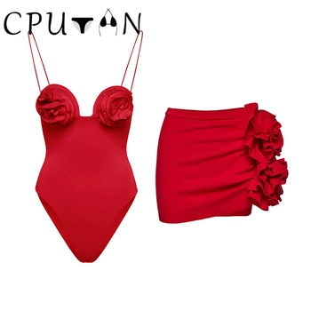 CPUTAN 2024 Nove Seksi 3D Cvet Bikini Komplet Rdeče Brazilski Biquini Ženske Kopalke Krilo kopalke Dekleta Poletje Obleko Plažo