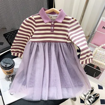 2023 Jeseni Novih Otroci Obleko korejska Različica Dekle Trak Mozaik Dolg Rokav Baby Girl Oblačenja Sweet Princess Gaza Obleke, 2-7Y