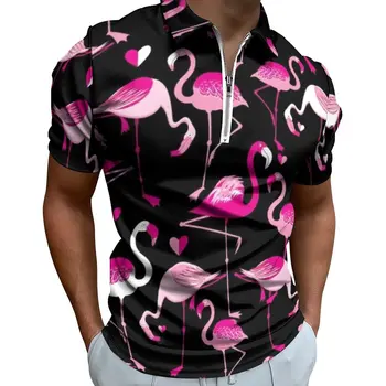 Risanka Flamingo Polo Majice Srce, Ki Tiskanja Priložnostne Srajco Datum Kul Moški Kratek Rokav Zadrgo Po Meri, T-Majice