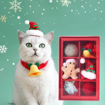 Mačka Božično Igrača Darilo Polje Volne Žogo Pletene Klobuk Bell Ovratnik Volne Žogo Pet Dekoracijo Set