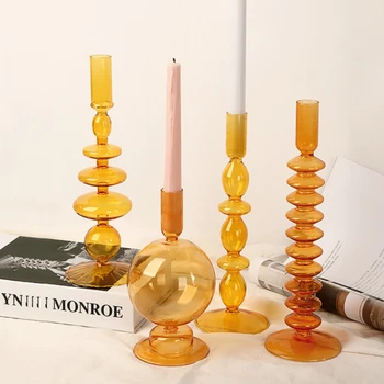 Skandinavski Retro Oranžna Stekla Candleholder Ustvarjalni Dom Dekor Svate Večerja V Soju Sveč Dekoracijo Dnevne Sobe
