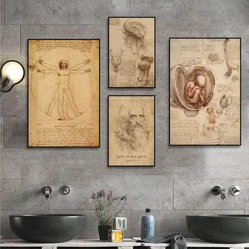 Leonardo Da Vinci Rokopis Vitruvian Man Letnik Plakati Retro Kraft Papir za Nalepke DIY Soba, Bar Cafe Soba Stenski Dekor