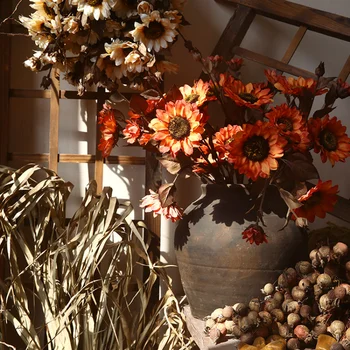 5 Glavo Retro Sončnično Jeseni Barvo, Umetne Rože Poročno Dekoracijo Doma Eno Sonce Cvet Doma Dekoracijo