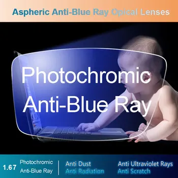 1.67 Anti-Modra Anti-fog Ray Asferični Photochromic Sive Leče, Optične Leče Recept Korekcijo Vida Računalnik Branje Objektiv