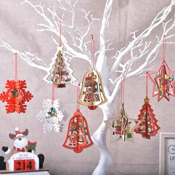 Christmas Tree Okraski Obesek Pobarvane Lesene Votlih 3D Lasersko Tiskanje Zvonovi Snežinka DIY Darilo Navidad Noel Božič Okraski
