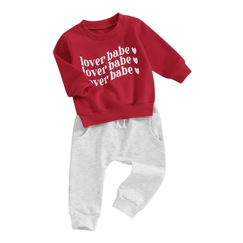Valentinovo Malčke Baby Fantje Obleke z Dolgimi Rokavi Srce Pismo Vezenje Majica Hlače Komplet Oblačil